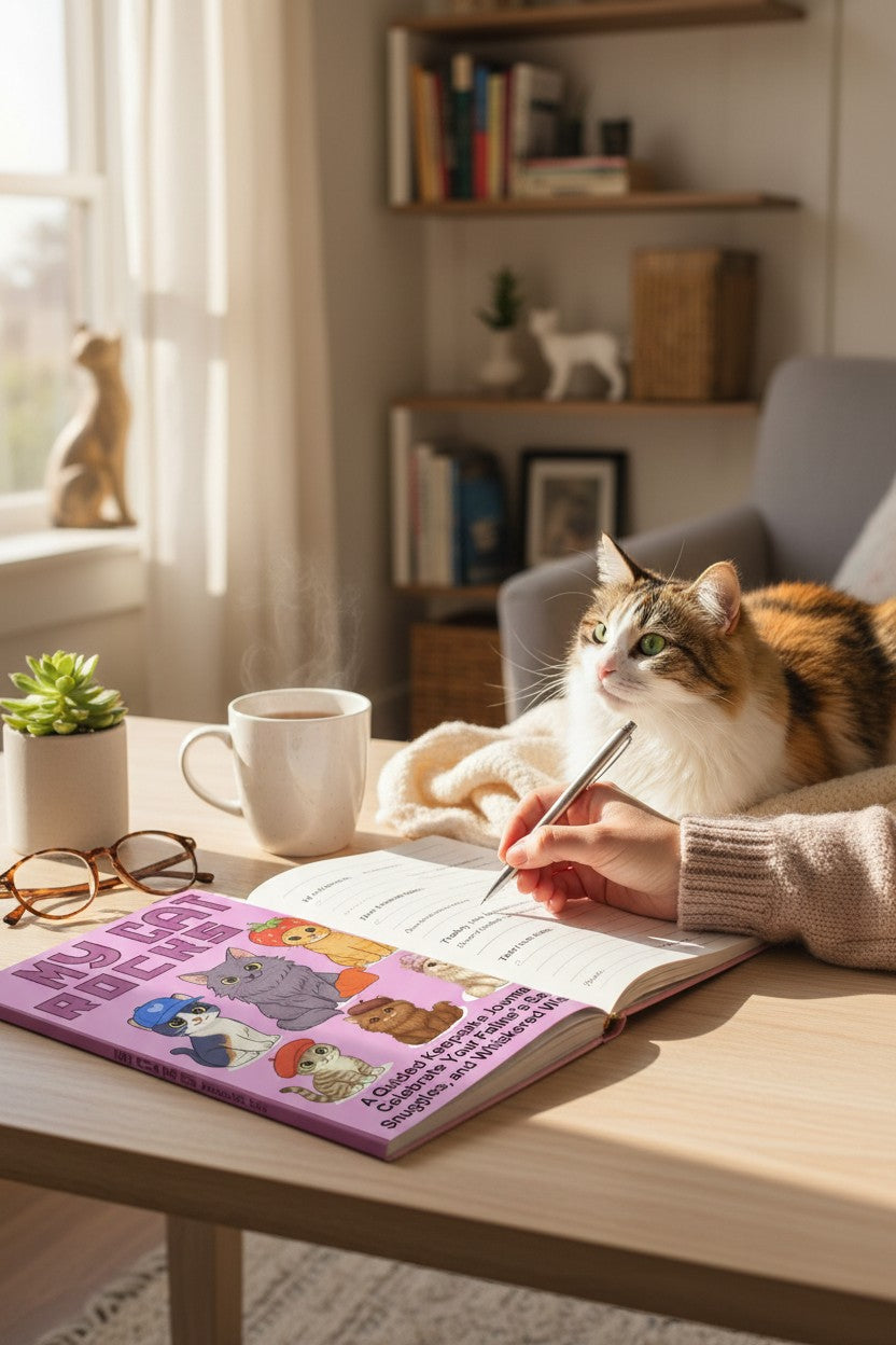 Thrive Collective Publishing My Cat Rocks guided journal cover art with six cartoon cats wearing hats.