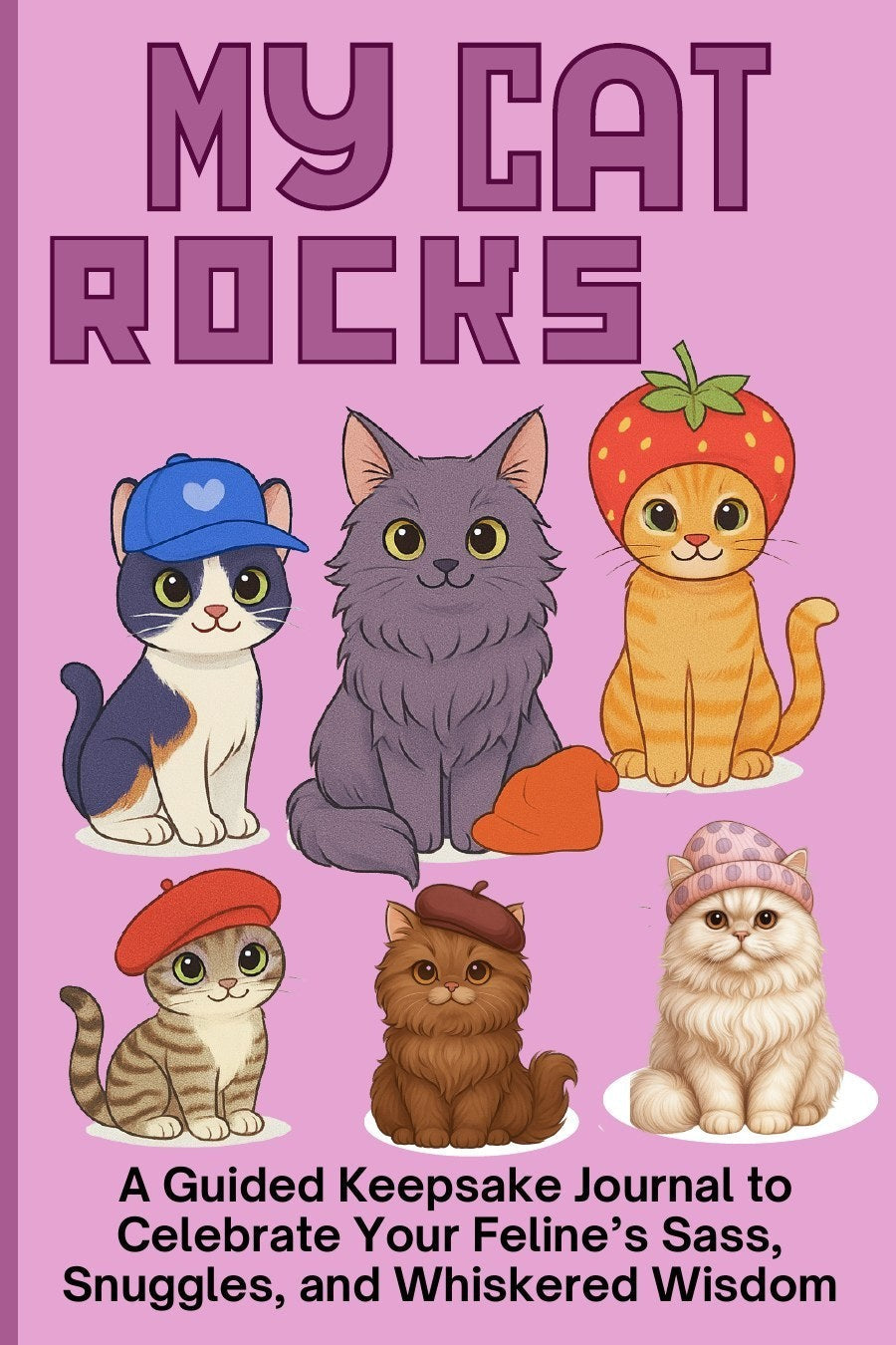 Thrive Collective Publishing My Cat Rocks guided journal cover art with six cartoon cats wearing hats.
