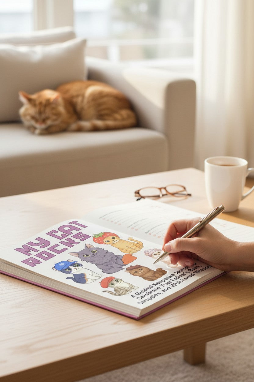 Thrive Collective Publishing My Cat Rocks guided journal cover art with six cartoon cats wearing hats.