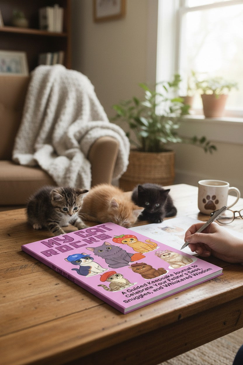 Thrive Collective Publishing My Cat Rocks guided journal cover art with six cartoon cats wearing hats.