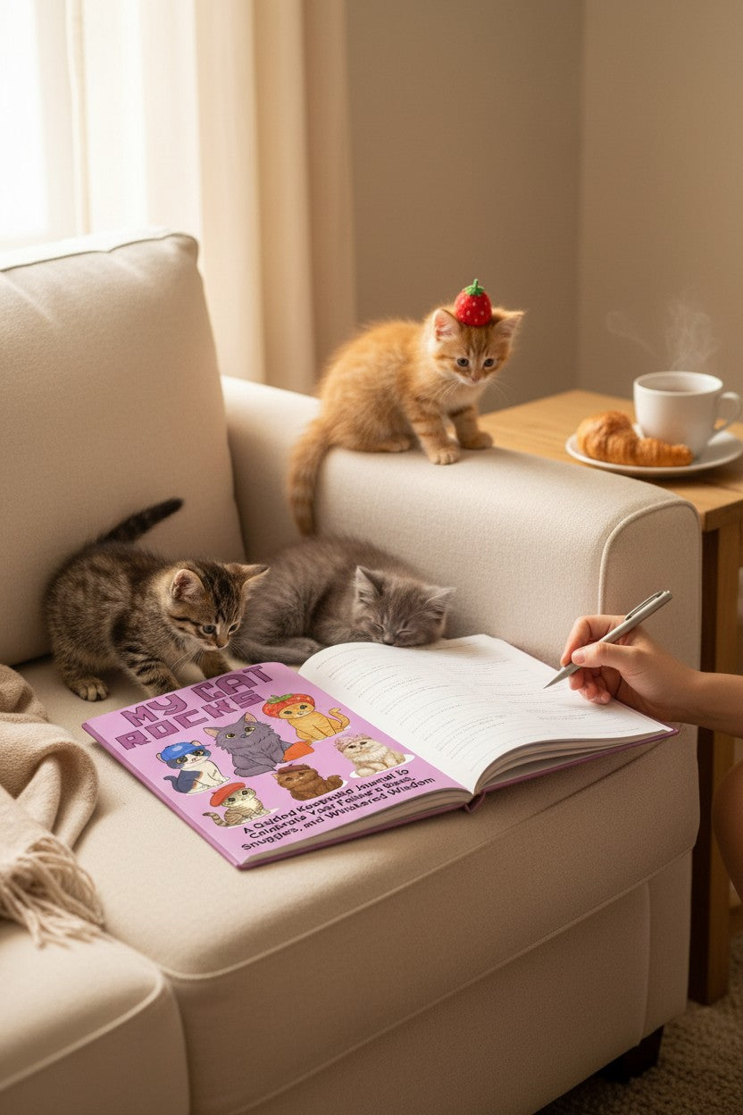 My Cat Rocks: A Guided Keepsake Journal to Celebrate Your Feline's Sass, Snuggles, and Whiskered Wisdom by Thrive Collective Publishing. Features six cartoon cats.