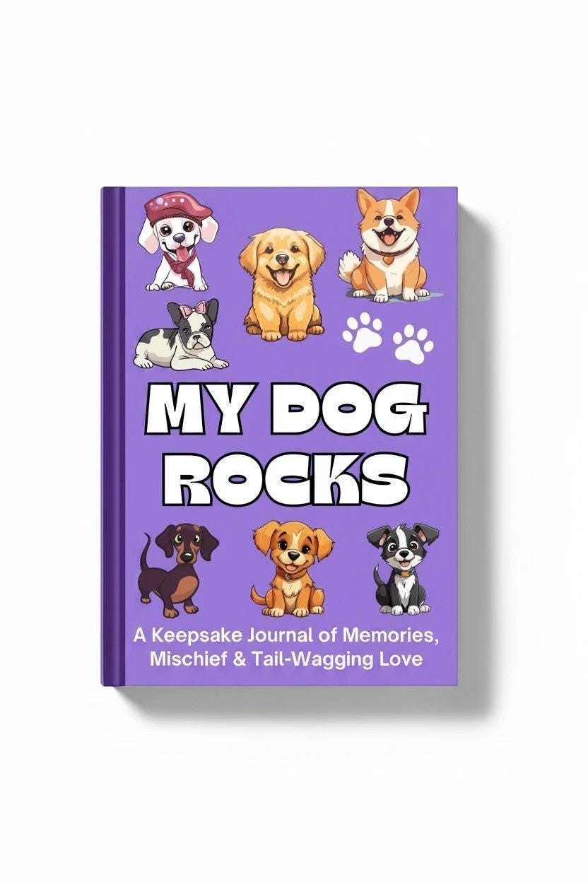 Thrive Collective Publishing My Dog Rocks keepsake journal with cute dog illustrations and paw prints on a purple cover.