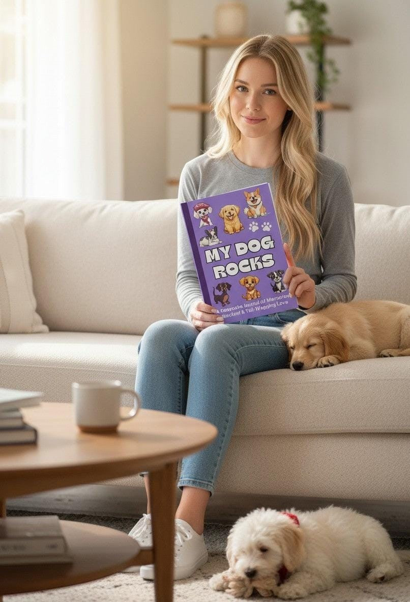 Thrive Collective Publishing My Dog Rocks keepsake journal with a woman holding it and two puppies nearby.