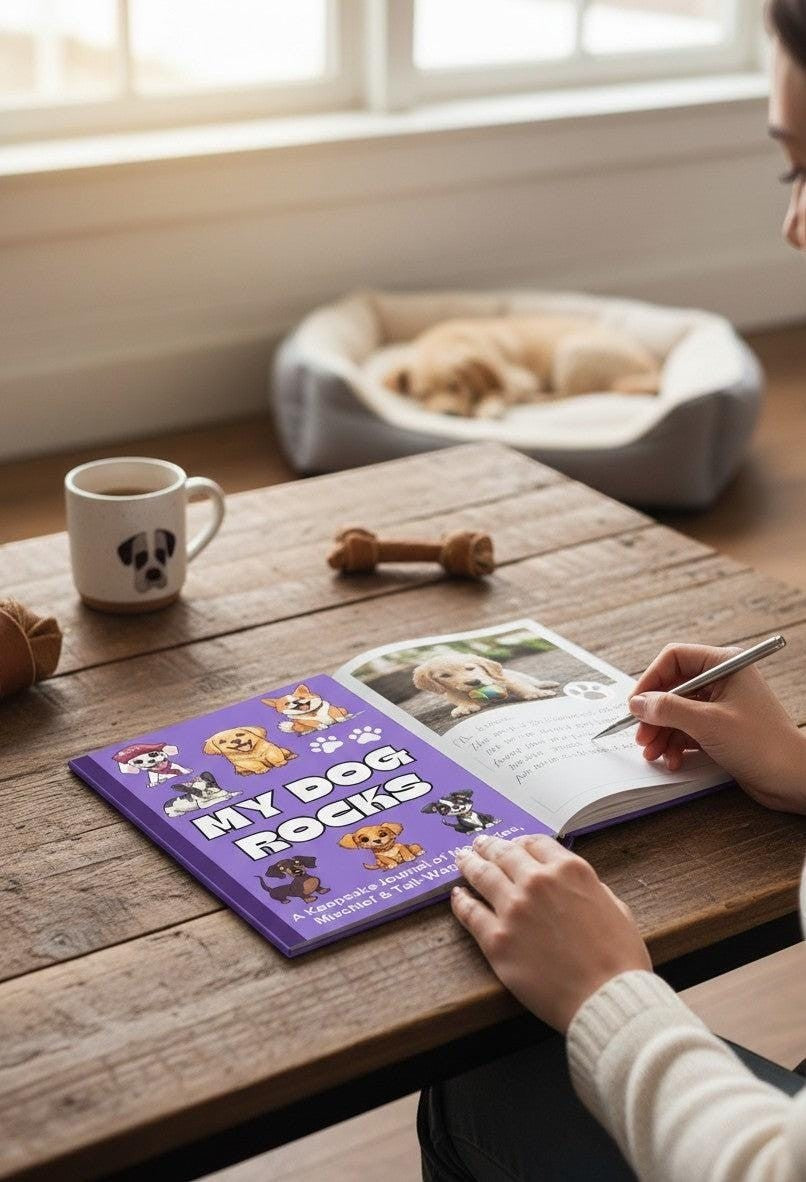 Thrive Collective Publishing My Dog Rocks keepsake journal with various dog illustrations on a purple cover, open to a page with a puppy photo.