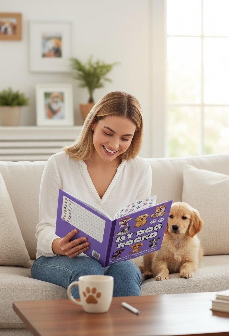 Thrive Collective Publishing My Dog Rocks keepsake journal with a woman reading it and a golden retriever puppy beside her.