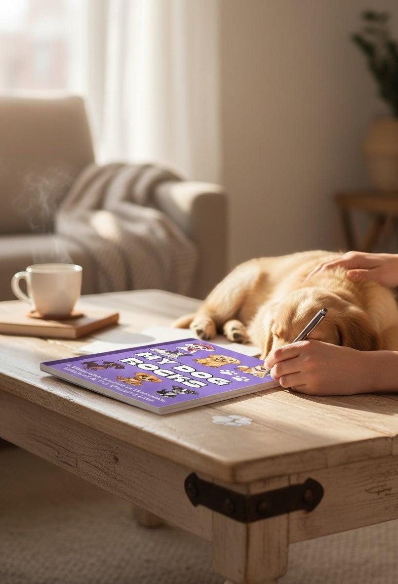 Thrive Collective Publishing My Dog Rocks keepsake journal with a golden retriever puppy resting on it.
