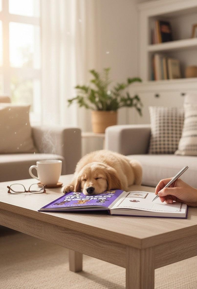 Thrive Collective Publishing My Dog Rocks keepsake journal with a golden retriever puppy sleeping on it.