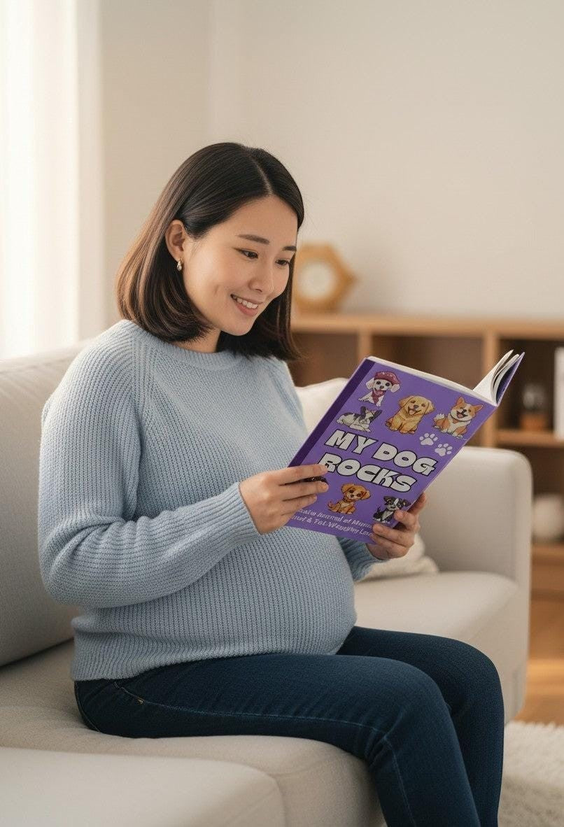 Thrive Collective Publishing My Dog Rocks keepsake journal with colorful dog illustrations on a purple cover, held by a smiling pregnant woman.