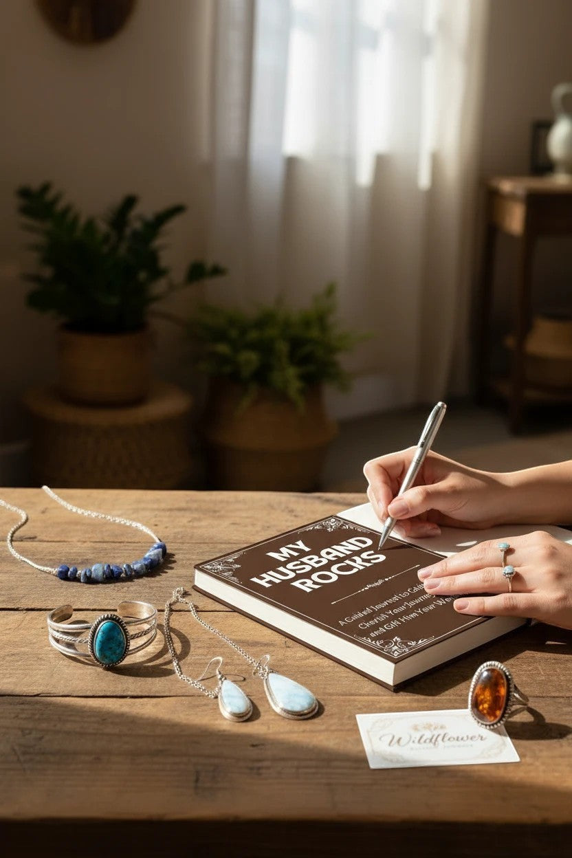Thrive Collective Publishing My Husband Rocks guided journal with prompts for couples. Jewelry displayed on wooden table.