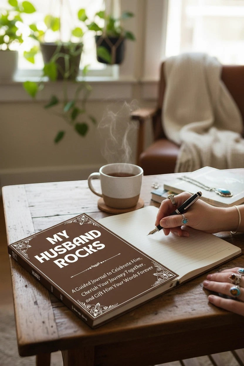 Thrive Collective Publishing My Husband Rocks guided journal, brown cover with white text, on a wooden table next to a steaming mug and a person writing.