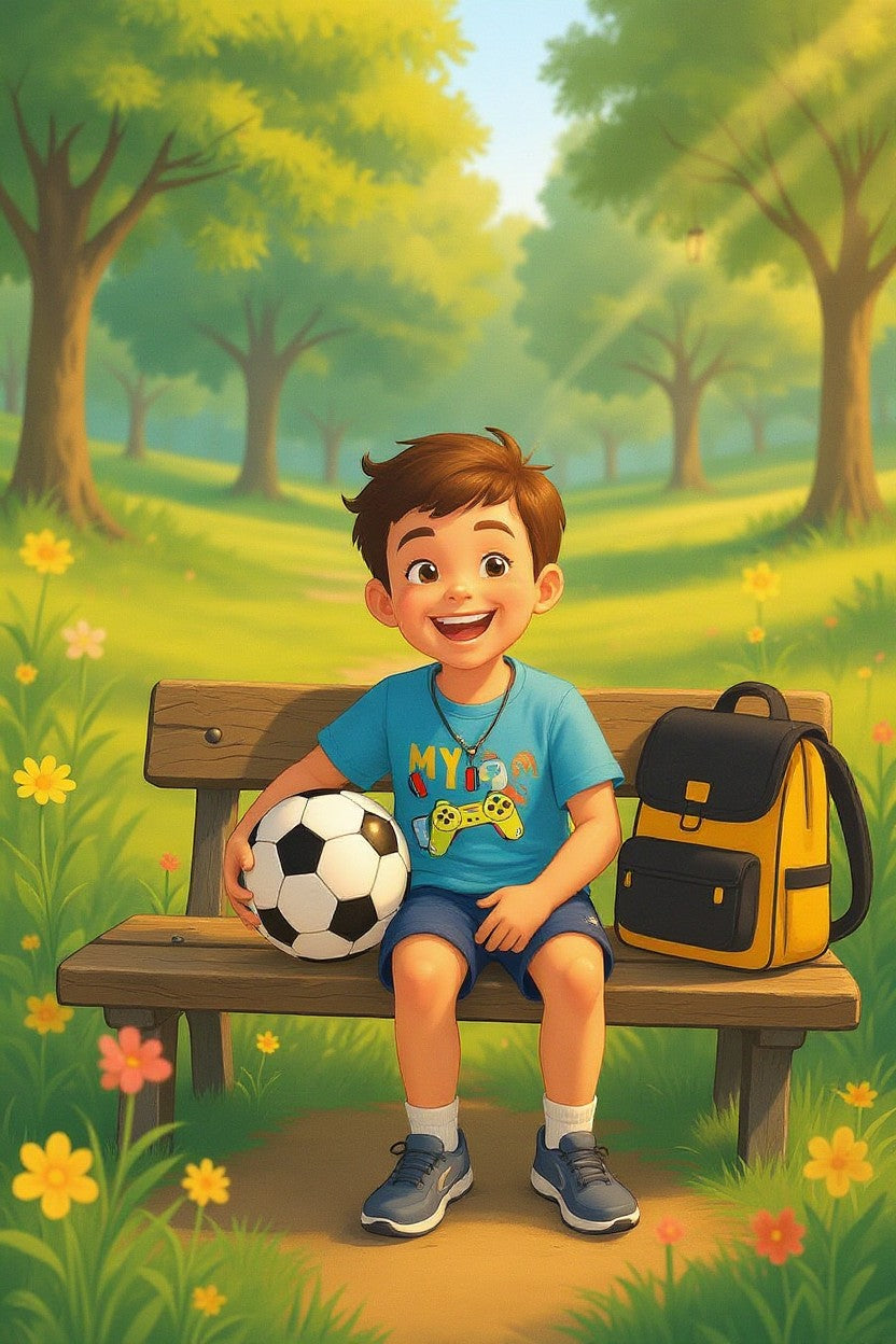 Thrive Collective Publishing My Son Rocks keepsake journal illustration of a smiling boy with a soccer ball and backpack on a park bench.