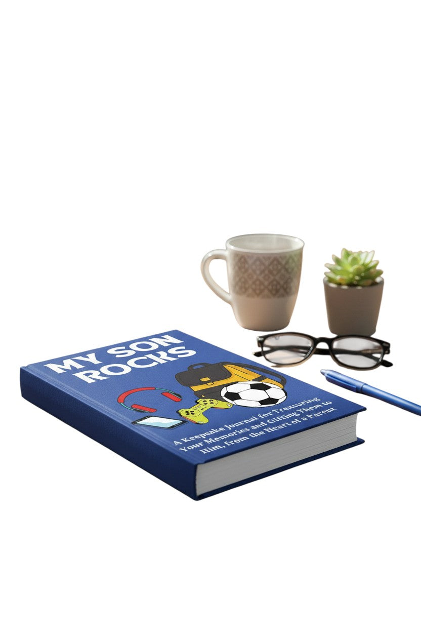 Thrive Collective Publishing My Son Rocks keepsake journal cover with backpack, headphones, phone, controller, and soccer ball.