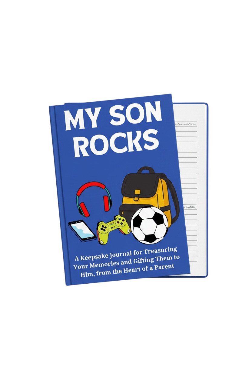 Thrive Collective Publishing My Son Rocks keepsake journal cover with backpack, headphones, phone, controller, and soccer ball.