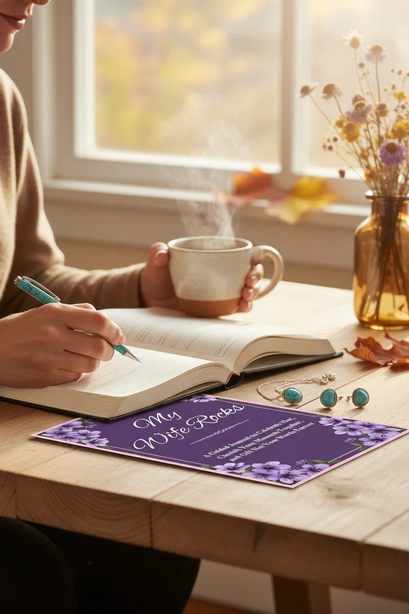 Thrive Collective Publishing My Wife Rocks guided journal with purple floral accents, open book, and coffee cup.