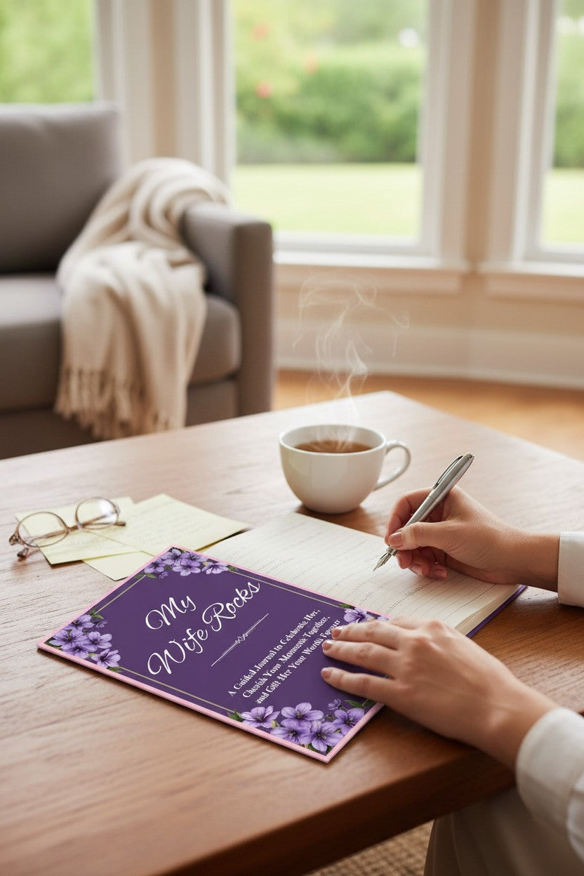Thrive Collective Publishing My Wife Rocks guided journal with purple floral accents. Prompts celebrate her and cherish moments.