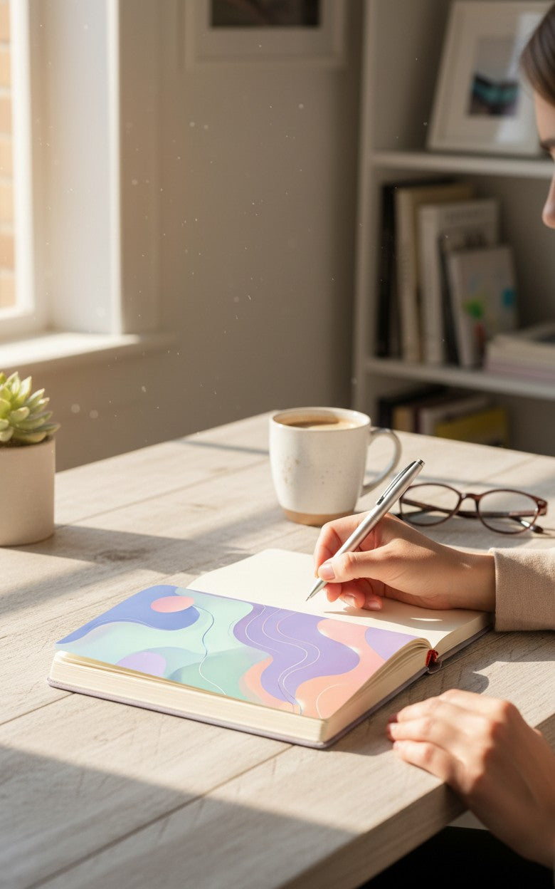 Thrive Collective Publishing Just Write Pastel Dreams journal cover with soft pastel waves and gold lines.