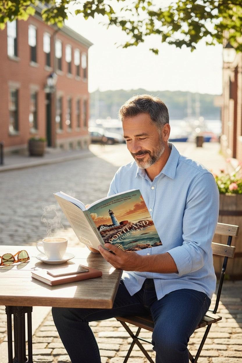 Thrive Collective Publishing's Portland Your Way travel guide featuring a lighthouse on the cover, held by a man at an outdoor cafe.