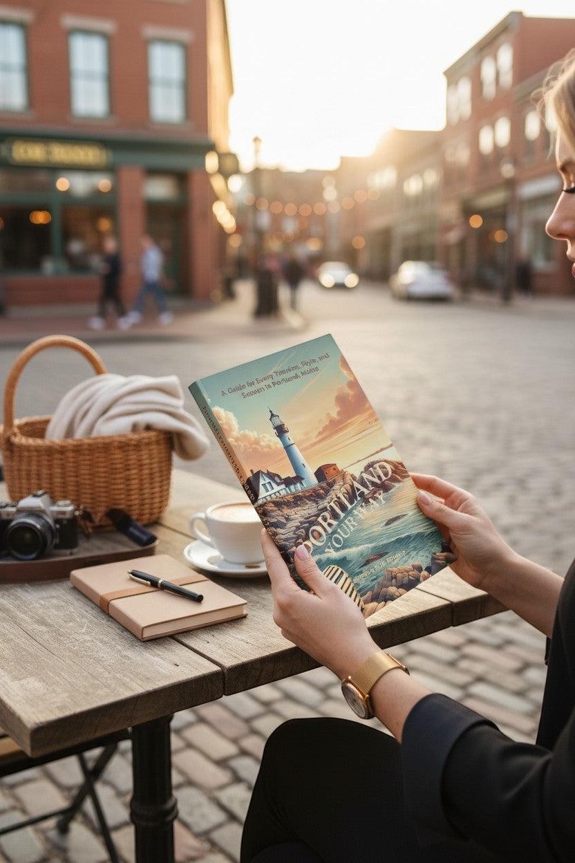 Thrive Collective Publishing's Portland Your Way travel guide features a lighthouse and coastal scenery on its cover. A woman holds the book at a cafe table.