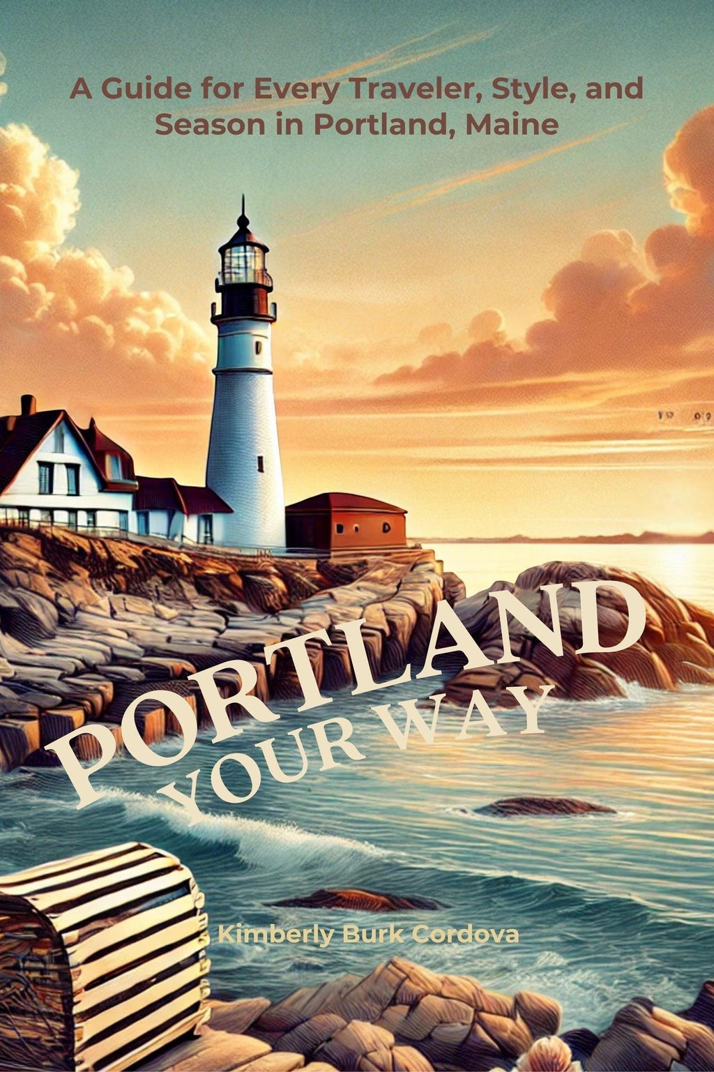 Portland Your Way travel guide book cover featuring a lighthouse, coastal homes, rocky shore, and ocean waves at sunset.