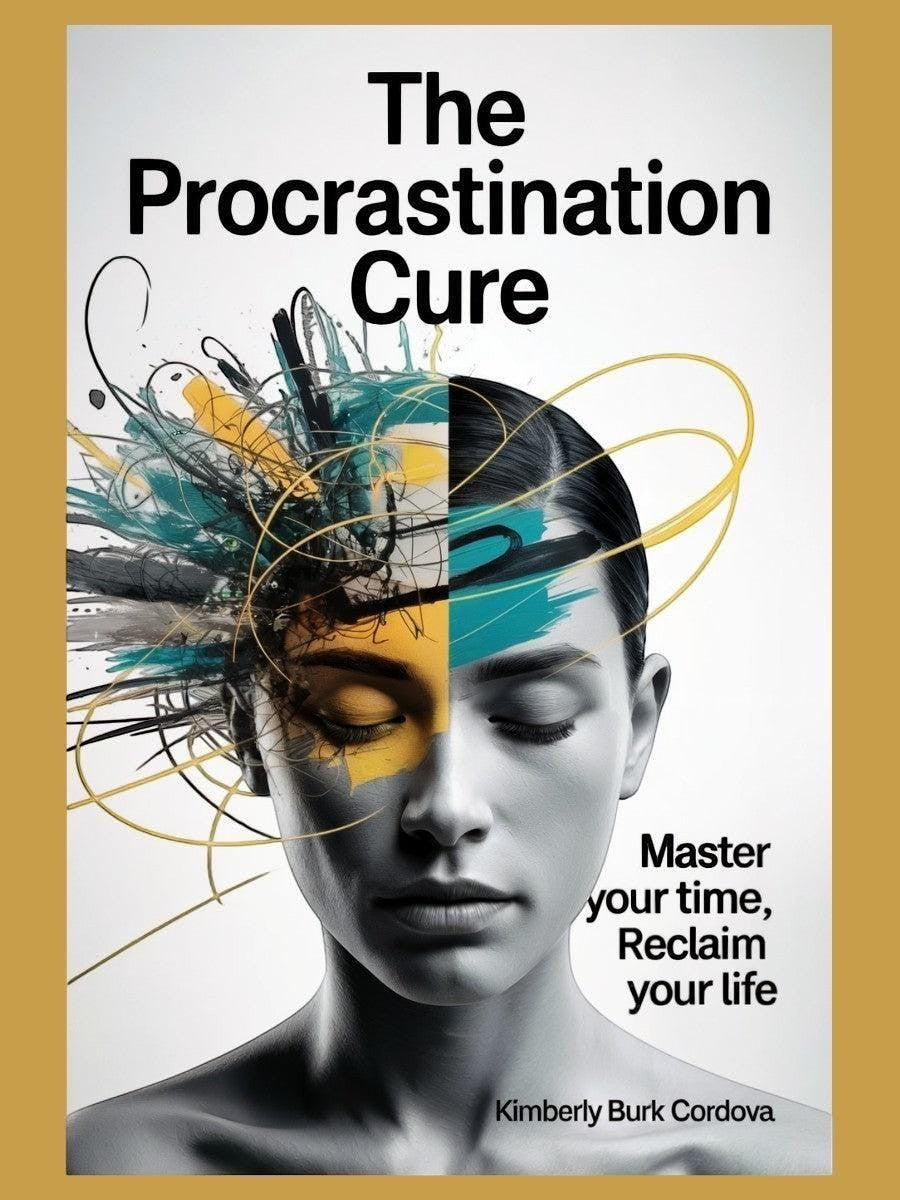 The Procrastination Cure book cover by Thrive Collective Publishing. Features a woman's face split with abstract art, symbolizing mental clutter. Master your time, Reclaim your life.