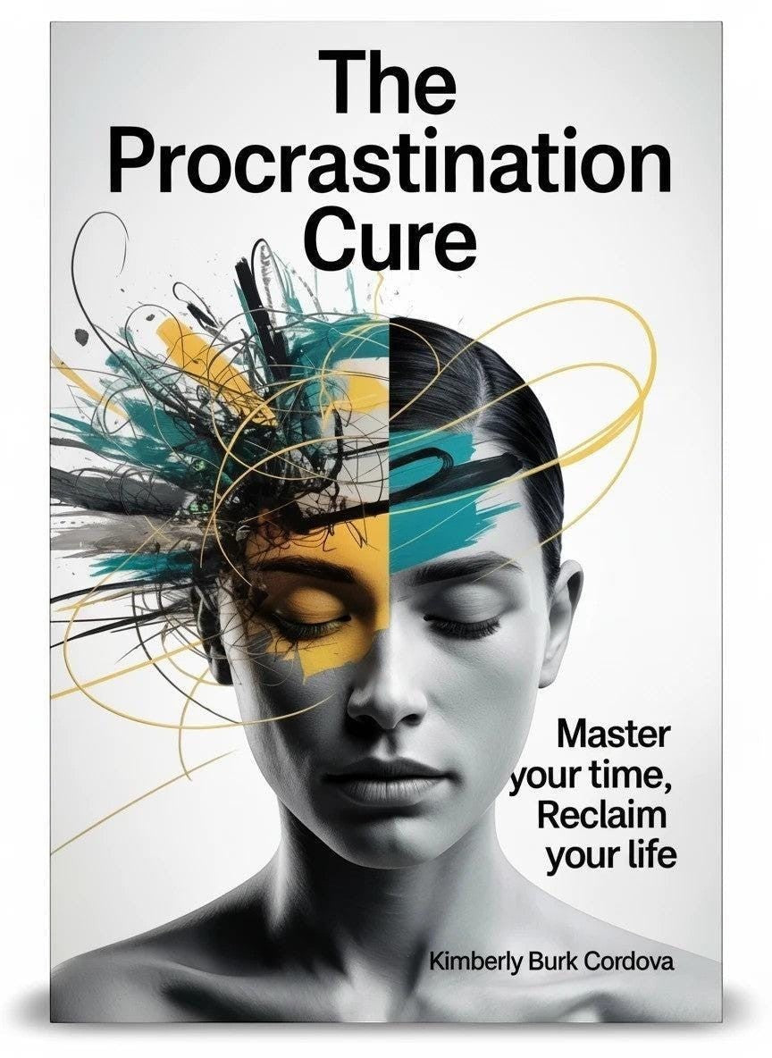 The Procrastination Cure book cover by Thrive Collective Publishing. Abstract art depicts a woman's face split, with chaotic lines representing a troubled mind.