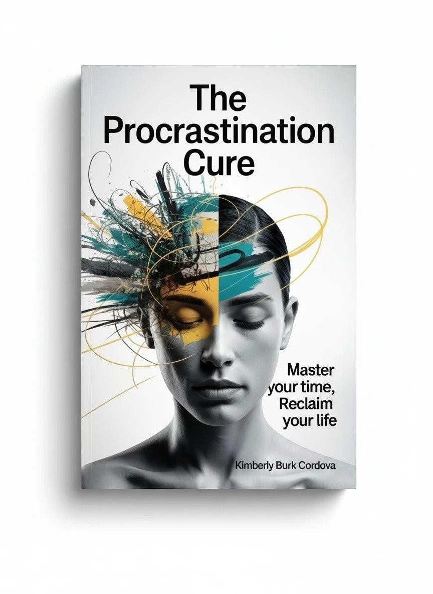 The Procrastination Cure paperback book cover with abstract art depicting a woman's head split with yellow and teal paint strokes and lines.