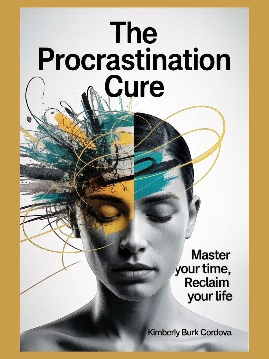 The Procrastination Cure paperback book cover by Thrive Collective Publishing. Features abstract art on a woman's face representing mental clutter.