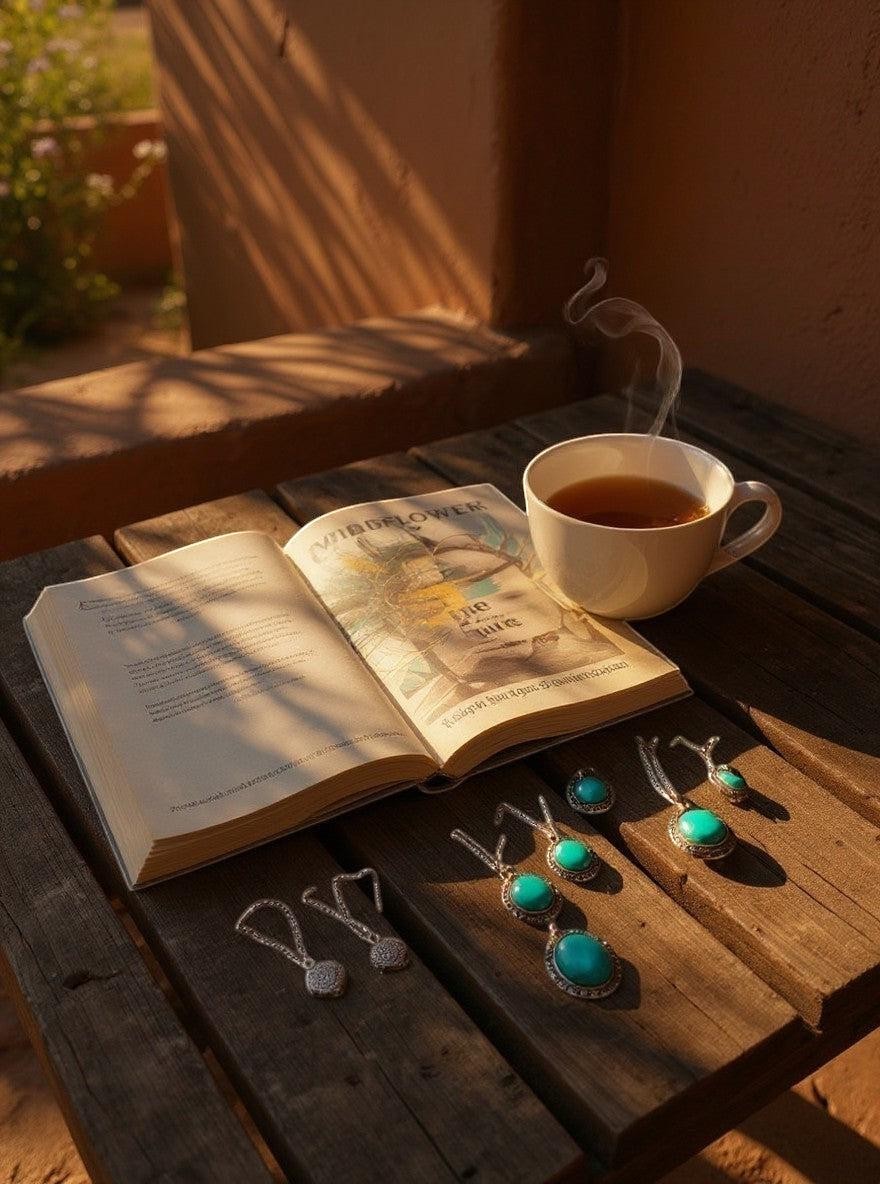 Thrive Collective Publishing paperback book The Procrastination Cure open next to a steaming cup of tea and turquoise jewelry.