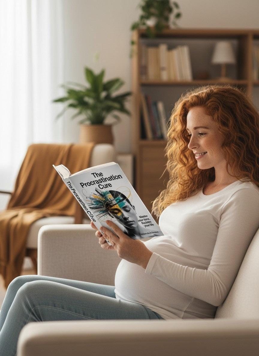 Thrive Collective Publishing's The Procrastination Cure paperback book, featuring abstract art on the cover, held by a pregnant woman.