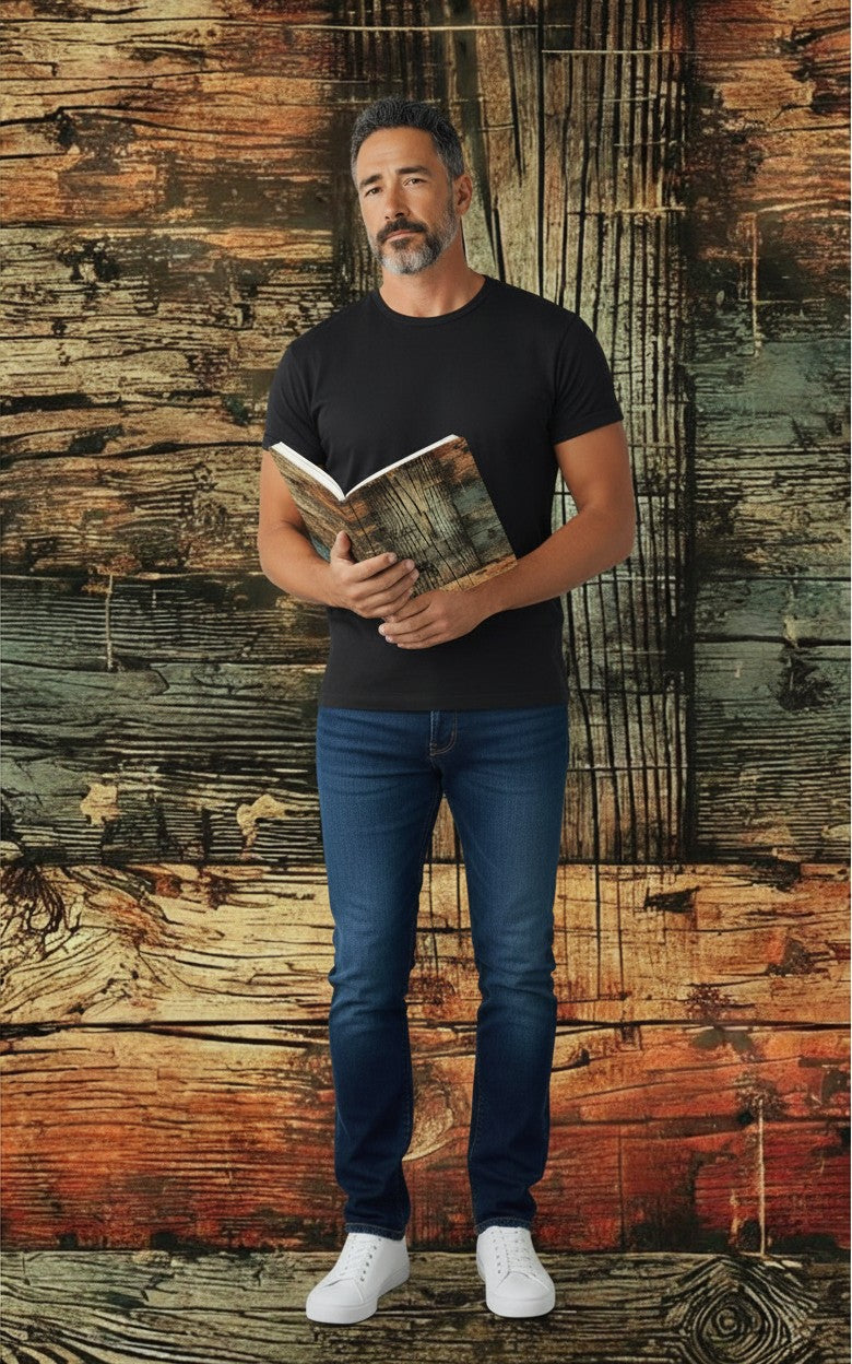 Thrive Collective Publishing Just Write Rustic Charm journal cover with distressed wood texture in warm brown, orange, and blue tones.