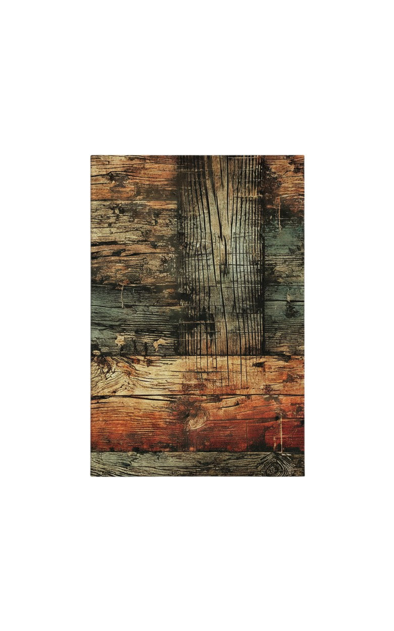 Thrive Collective Publishing Just Write Rustic Charm journal cover with distressed wood texture in warm brown, orange, and blue tones.