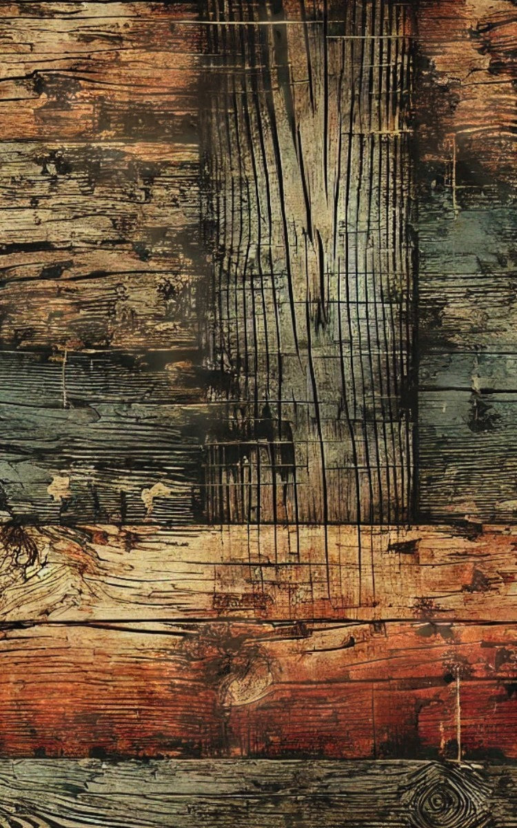 Thrive Collective Publishing Just Write Rustic Charm journal cover with distressed wood texture in warm brown, orange, and teal tones.