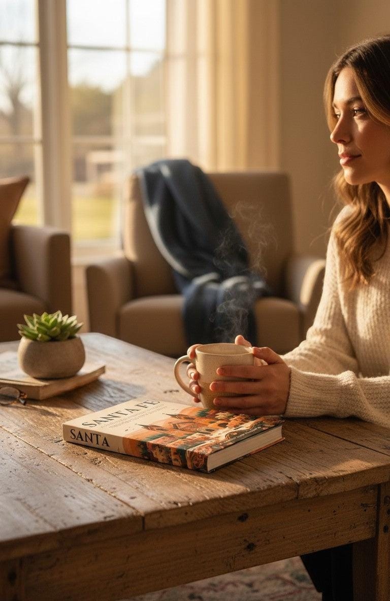 Thrive Collective Publishing's Santa Fe travel guide, featuring local insights and hidden gems. A woman holds a steaming mug.