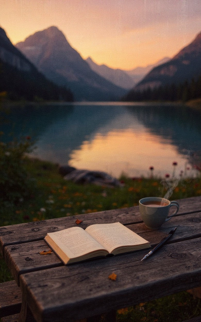 Thrive Collective Publishing Just Write journal cover art: serene landscape with mountains, lake, and a small island with a building.