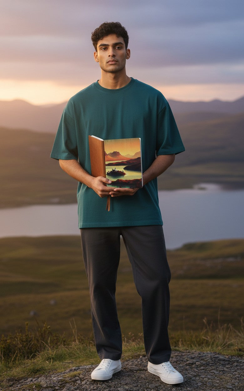 Thrive Collective Publishing Just Write journal cover art: serene landscape with mountains, lake, and a small island with a building.