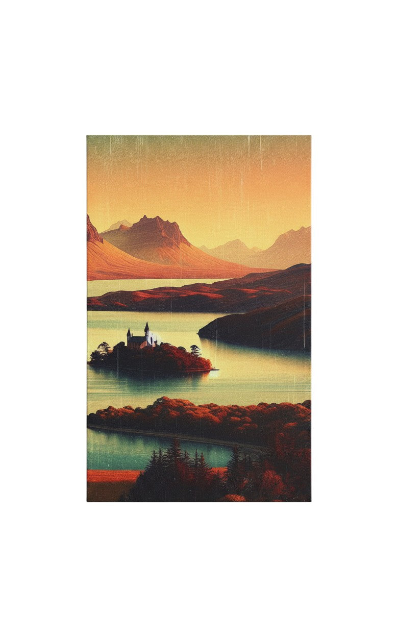 Thrive Collective Publishing Just Write journal cover art: serene landscape with mountains, lake, and island castle. Warm sunset colors.