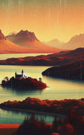 Thrive Collective Publishing Just Write journal cover art: serene landscape with mountains, lake, and a small island with a building.