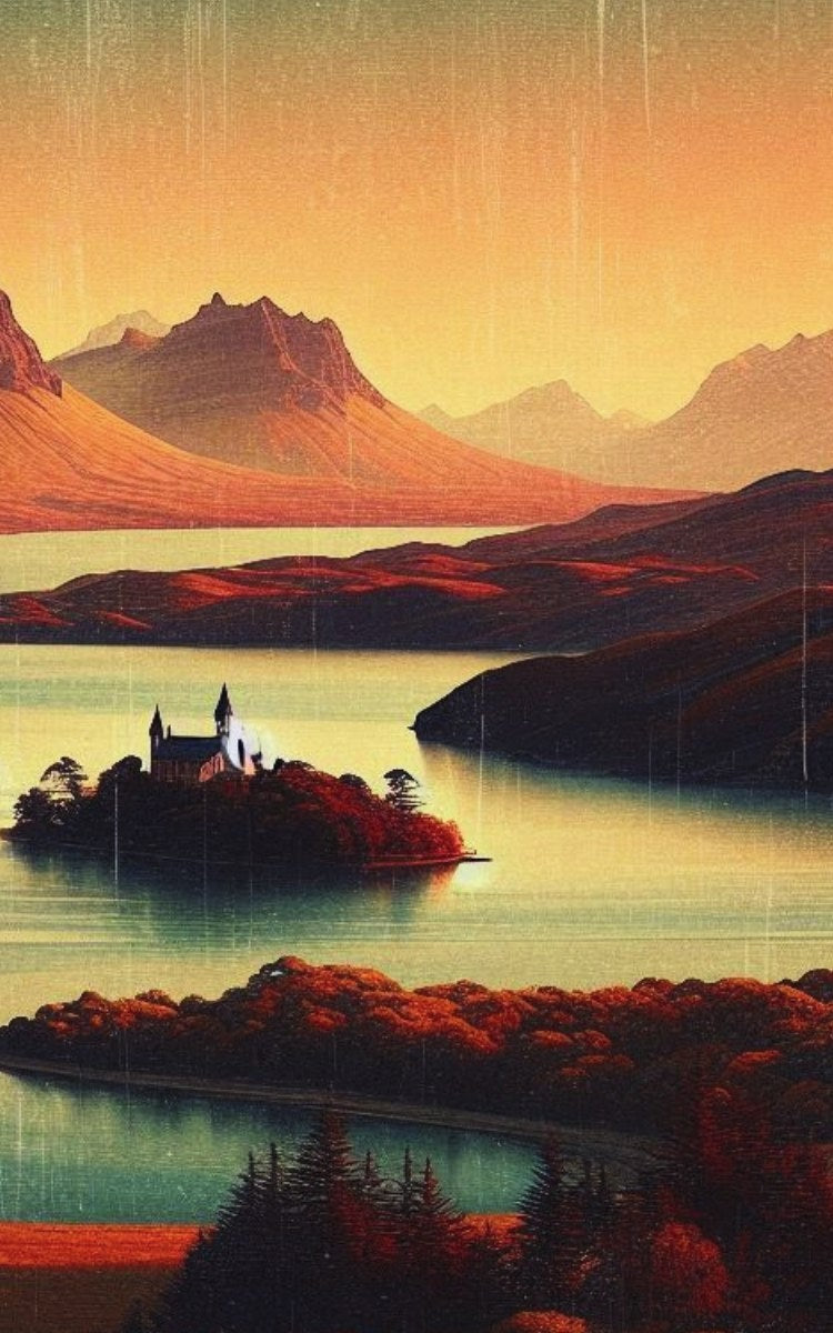 Thrive Collective Publishing Just Write journal cover art: serene landscape with mountains, lake, and island castle. Warm sunset colors.