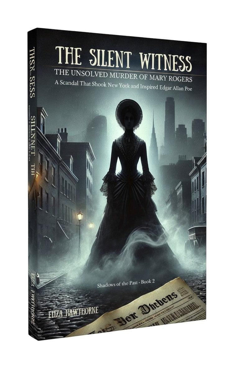 Thrive Collective Publishing's The Silent Witness: The Unsolved Murder of Mary Rogers book cover. A silhouetted woman in Victorian dress stands on a cobblestone street with fog and city buildings behind her.