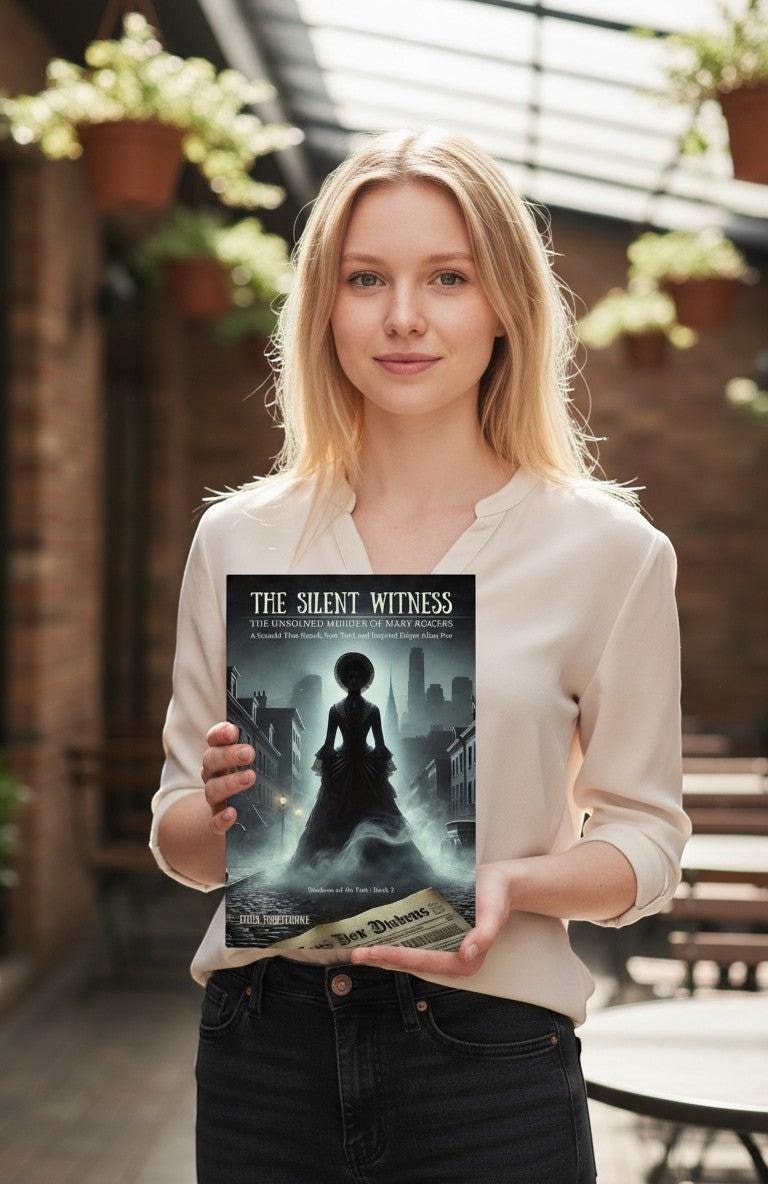 Thrive Collective Publishing's The Silent Witness book cover, featuring a silhouetted woman in a Victorian dress on a foggy street with city buildings.