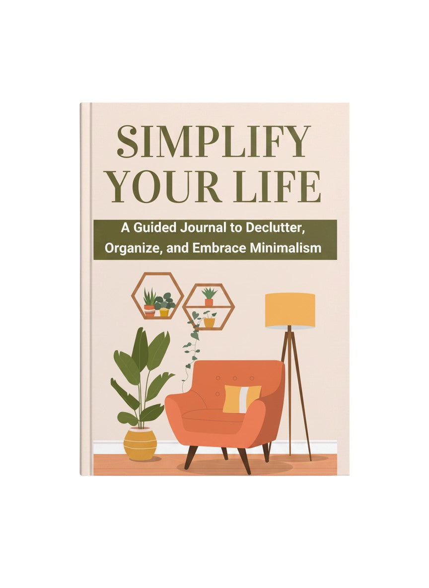 Simplify Your Life guided journal cover by Thrive Collective Publishing, featuring an orange armchair, plants, and a lamp.