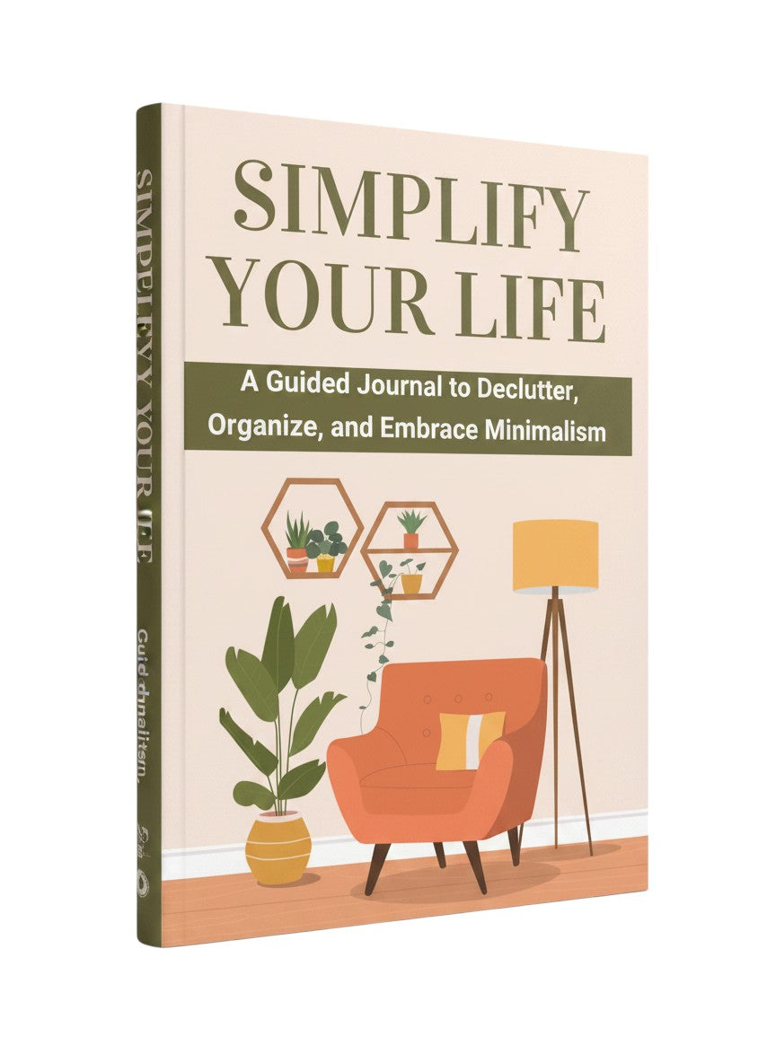 Thrive Collective Publishing Simplify Your Life guided journal cover with orange armchair, plants, and lamp.