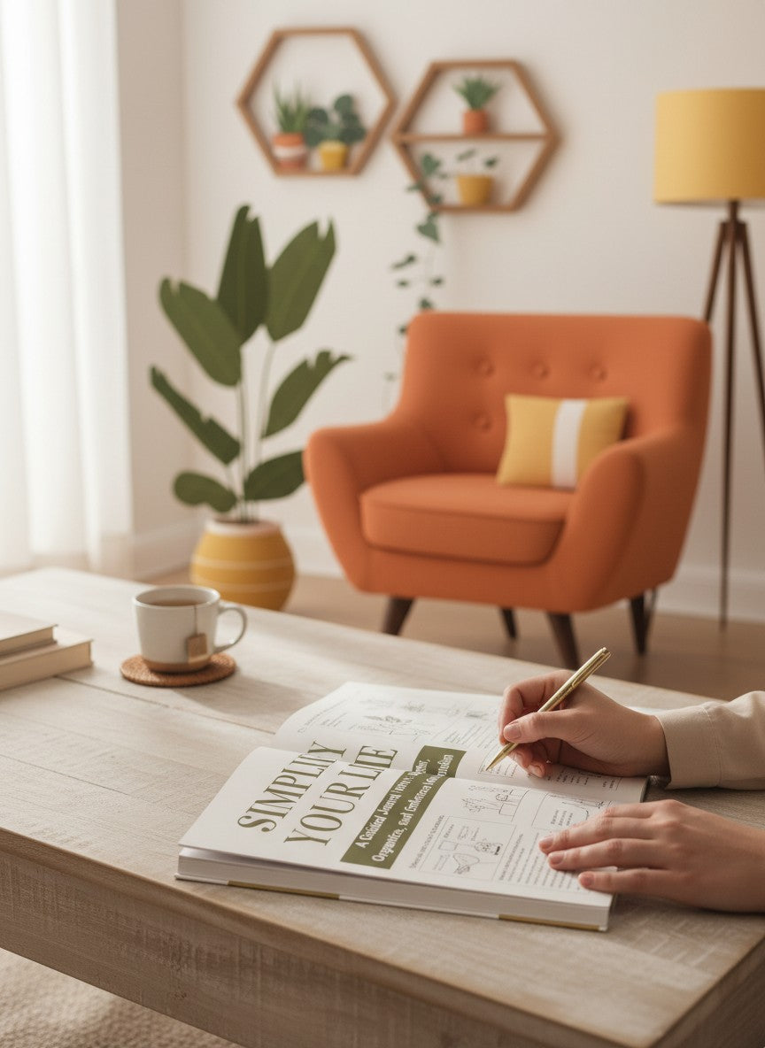 Thrive Collective Publishing Simplify Your Life guided journal cover with orange armchair, plants, and lamp.