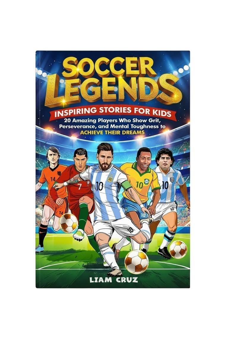Soccer Legends for Kids book cover featuring illustrations of Messi, Ronaldo, Pelé, and Maradona. Thrive Collective Publishing.