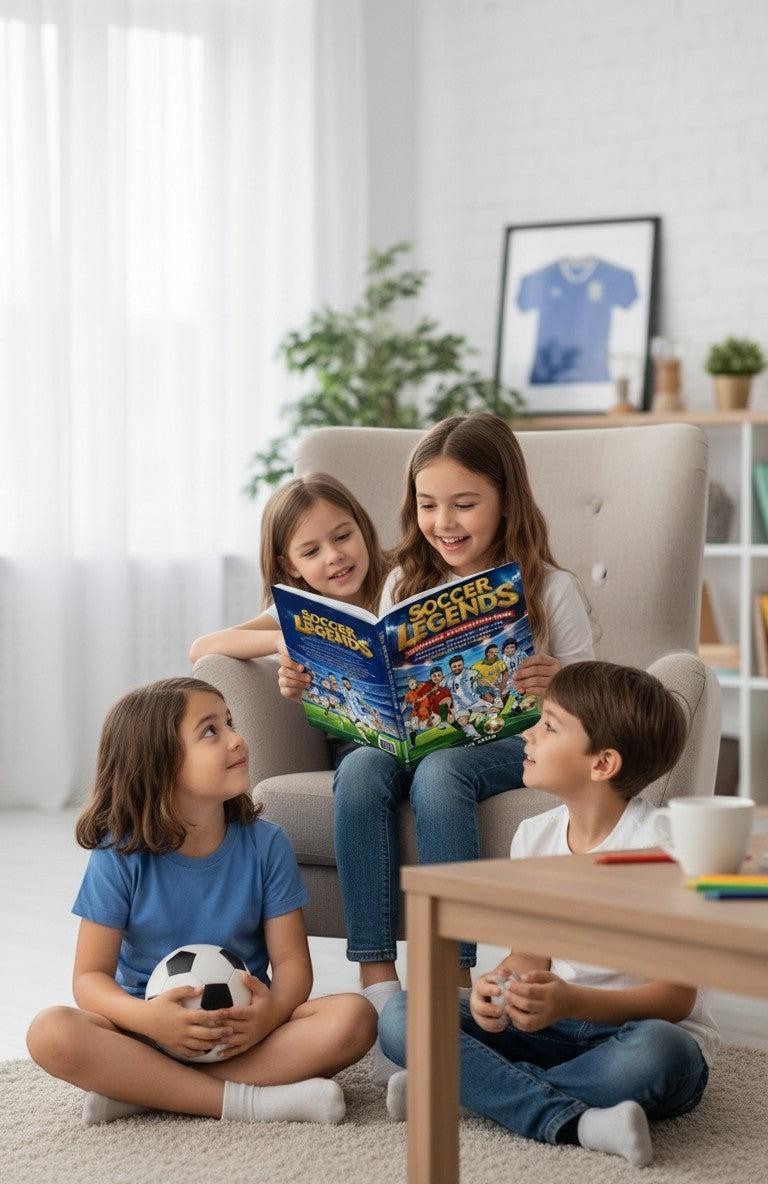 Thrive Collective Publishing Soccer Legends for Kids book featuring Messi, Ronaldo, Pelé, Marta, and Neymar. Three children are reading it together.