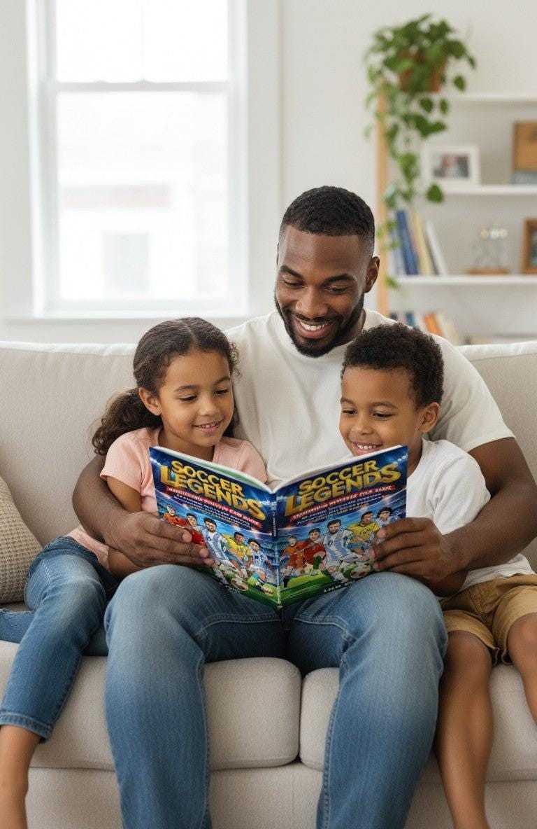 A father reads the "Soccer Legends for Kids" book to his two young children on a couch. The book features colorful illustrations of soccer players.