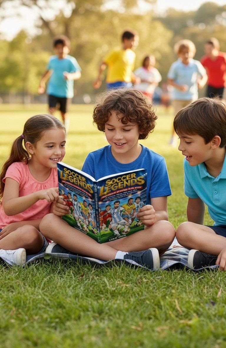 Thrive Collective Publishing's "Soccer Legends for Kids" book cover featuring Messi, Ronaldo, and other players, read by diverse children outdoors.