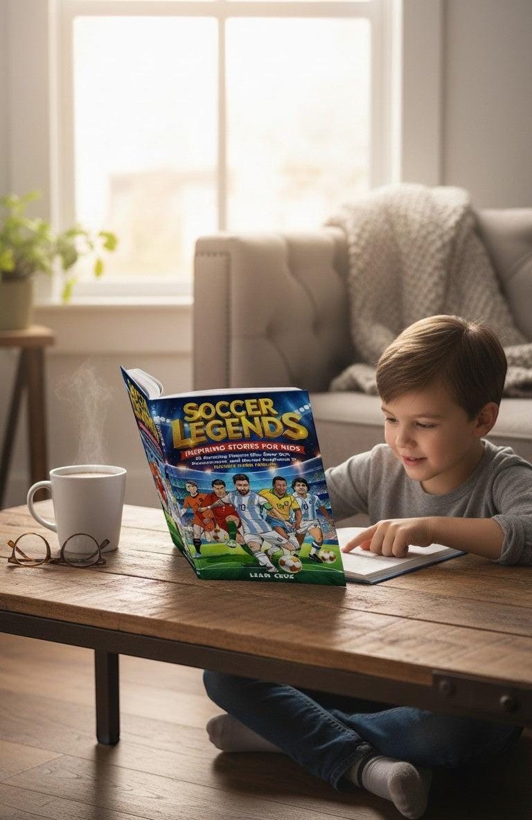 Thrive Collective Publishing Soccer Legends for Kids book cover featuring Messi, Ronaldo, Pelé, and Maradona. A young boy reads the book.