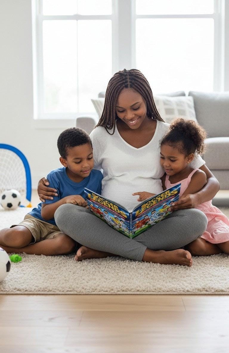 Thrive Collective Publishing's Soccer Legends for Kids book being read by a mother and her two children.