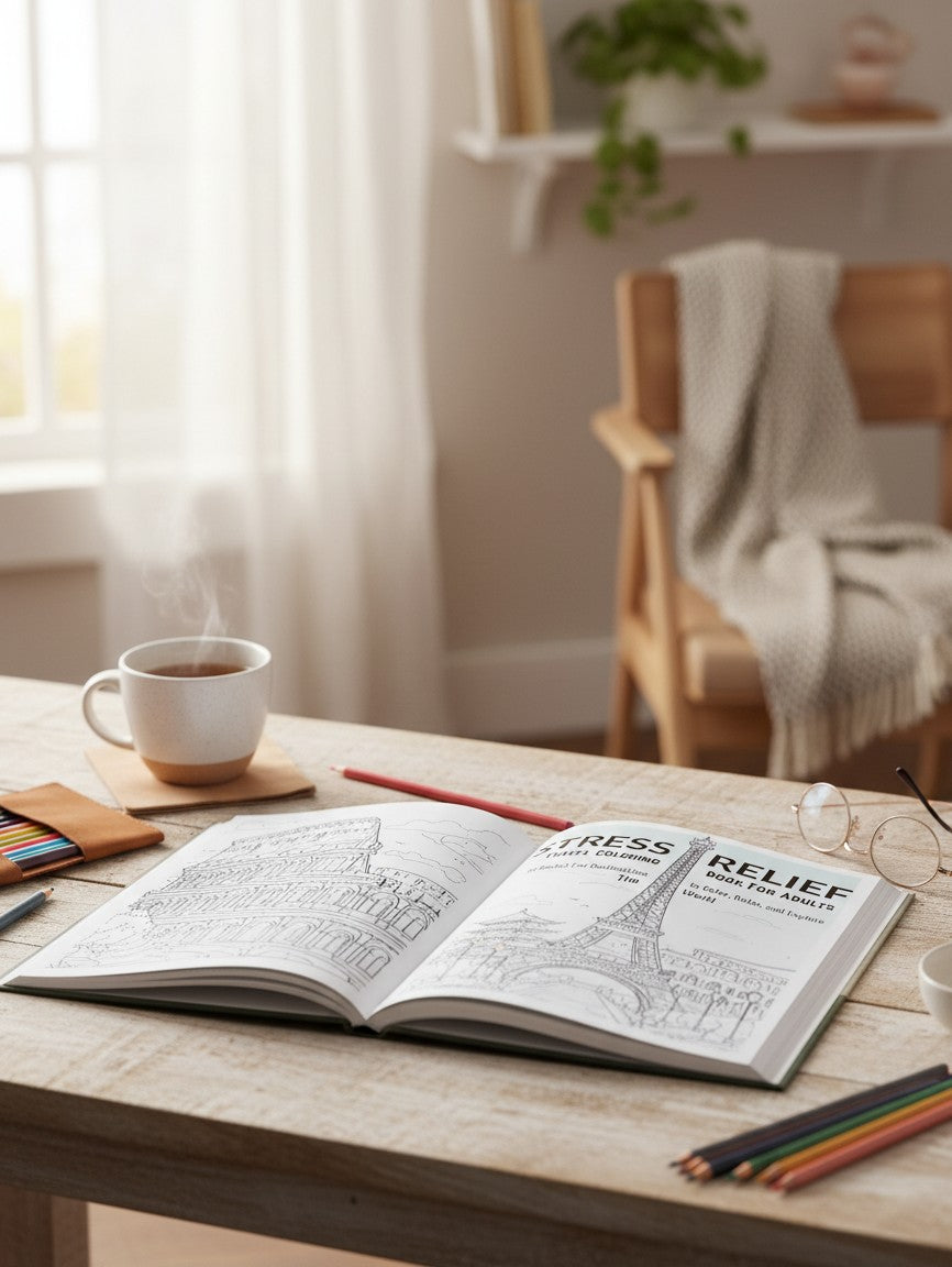 Thrive Collective Publishing Stress Relief Travel Coloring Book for Adults featuring the Eiffel Tower and 50 bucket list destinations.